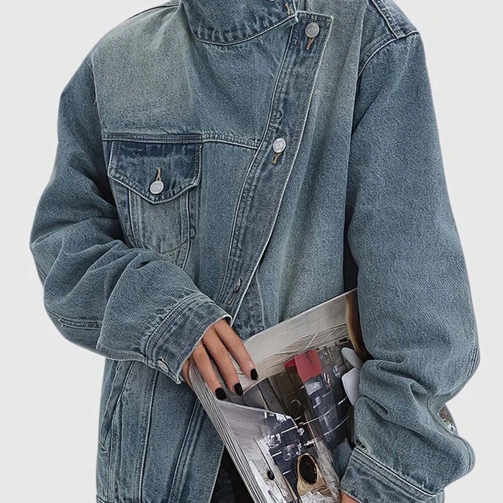 Blue Casual Women's Loose Jean Jacket with Asymmetric Placket